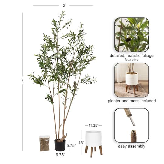 Kate and Laurel 7ft. Oliveira Faux Olive Tree in Rustic Brown Footed Planter